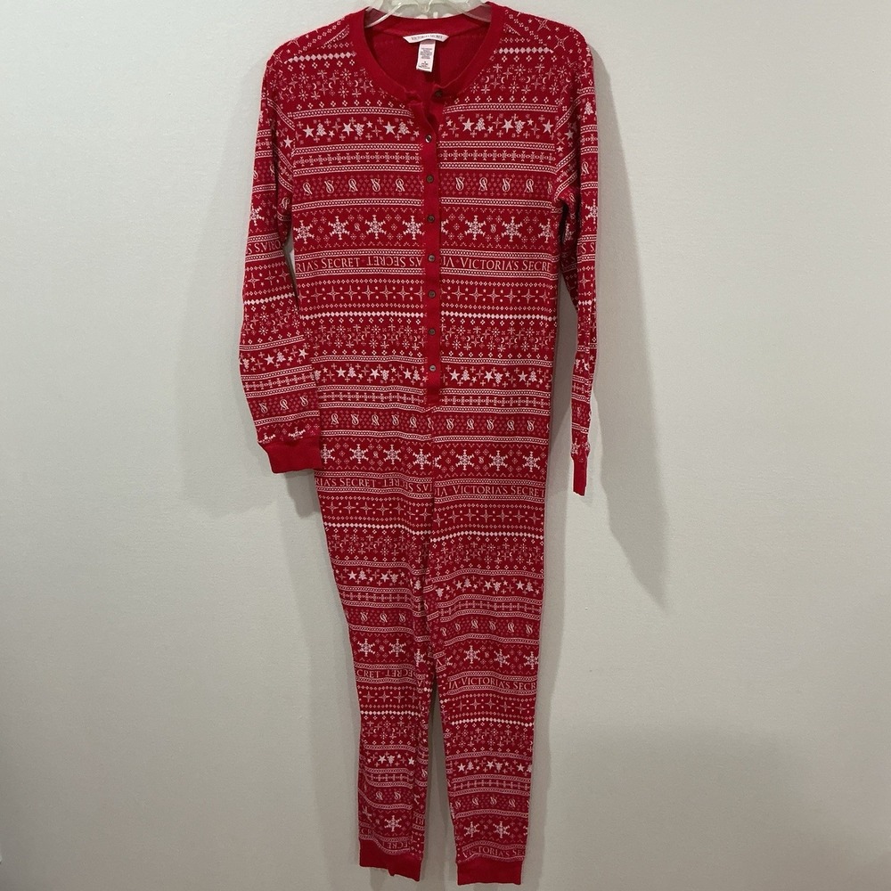 Victoria's‎ Secret Womens Medium Red Nordic Thermal One-Piece Pajamas Snowflake
